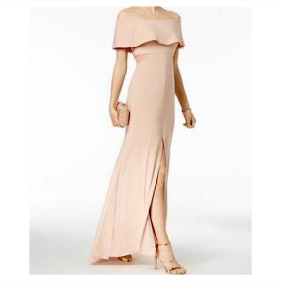 Xscape Off-The-Shoulder Floor Length Blush Gown - Picture 1 of 10